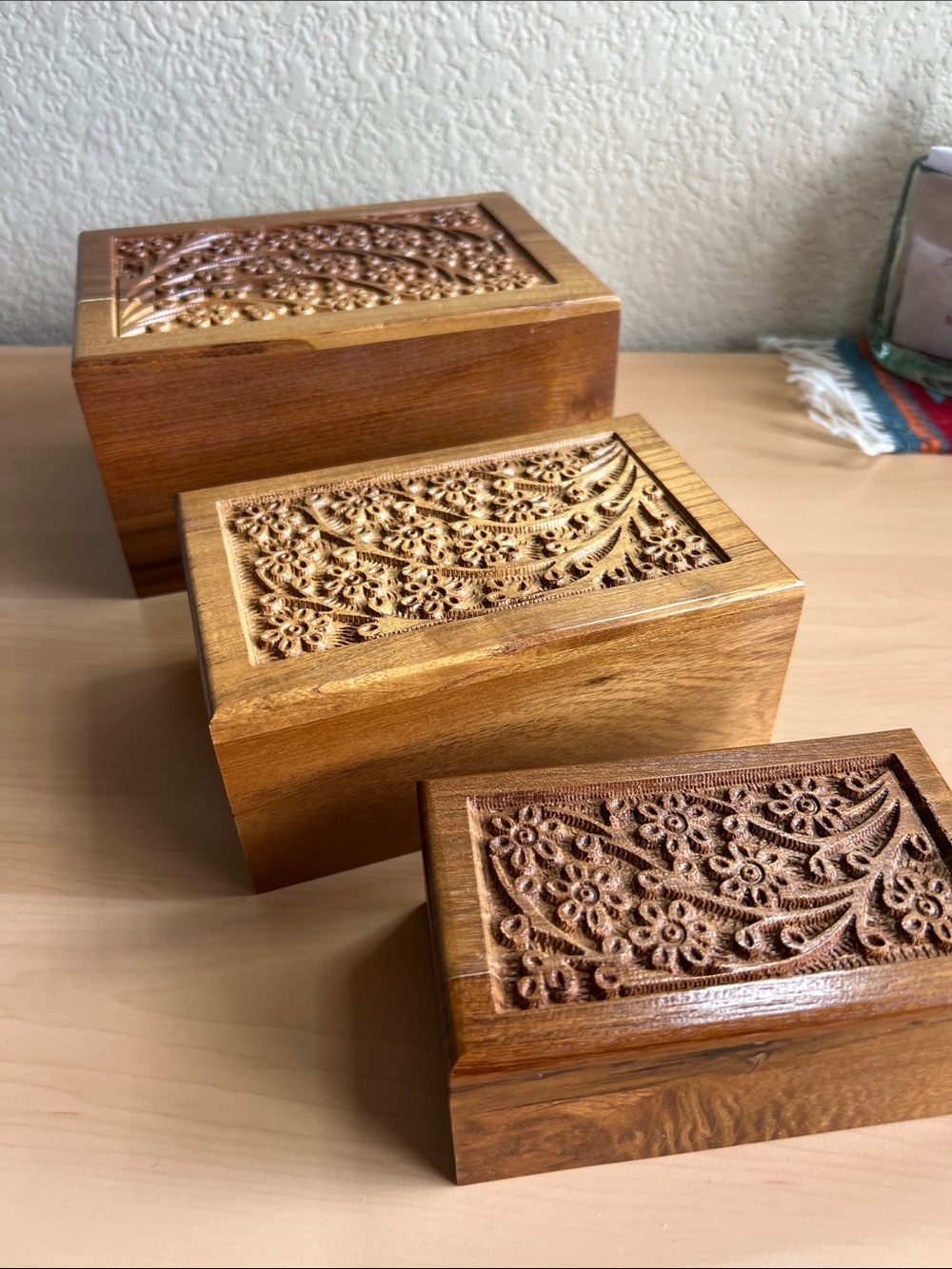 Carved Wooden Trinket Boxes - Floral Set of 3